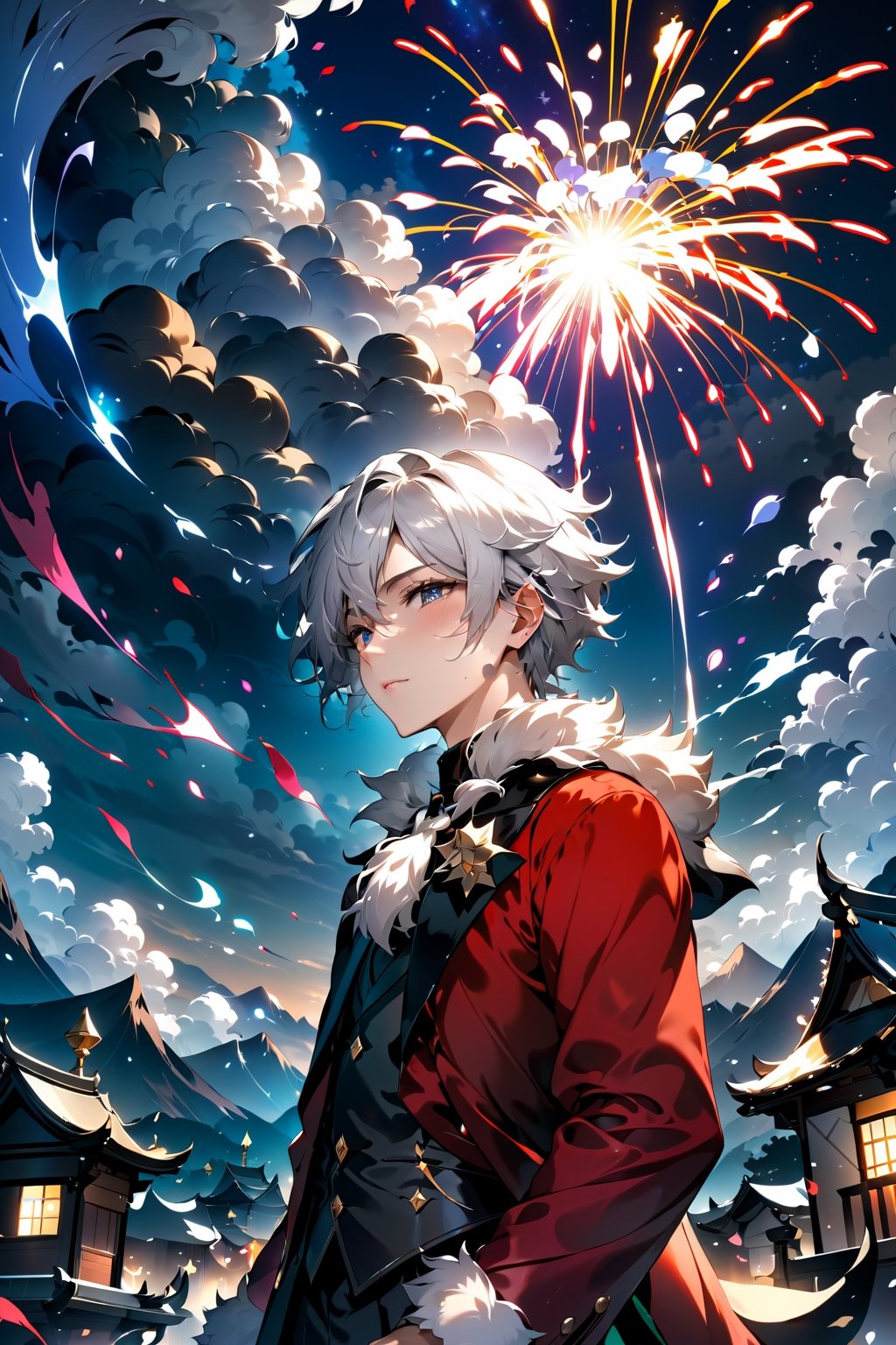 (((best quality,masterpiece))),Anime art style, teen male, white hair, santa suit, black tophat,night_sky ,fireworks, nature view,more detail XL,EpicSky,cloud,