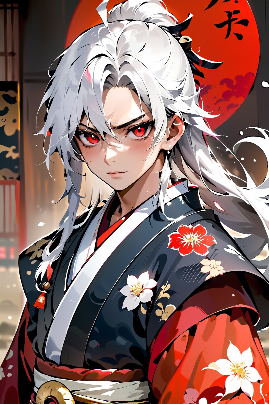 (masterpiece:1.2, best quality), (finely detailed), (1 male), red eyes, white hair, samurai, samurai kimono, kind