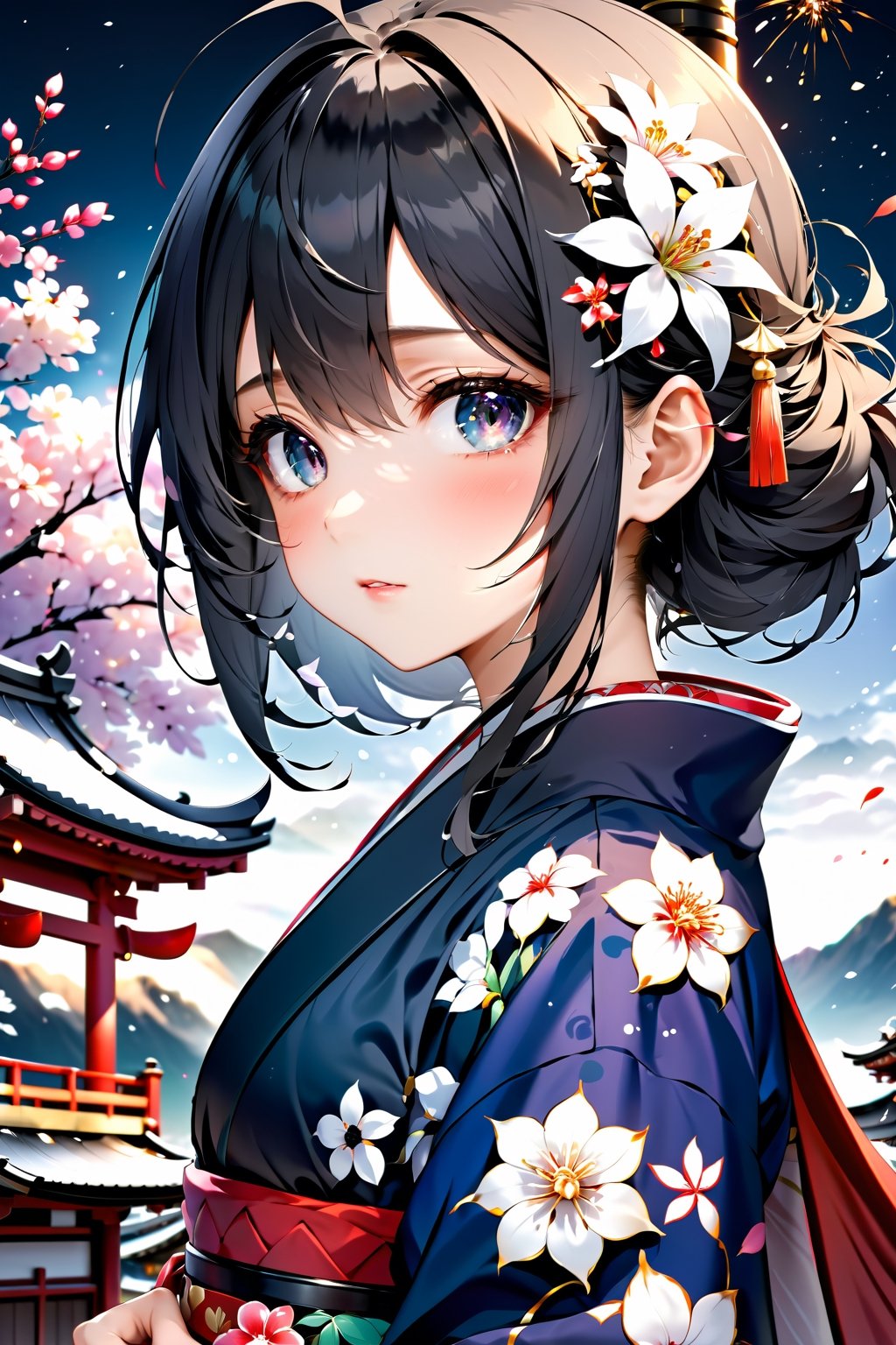 Anime ,hentai,(beautiful detailed face, beautiful detailed eyes),(((best quality,masterpiece))),(a beautiful girl,(flower pattern) kimono),(anime style),(Snow cover,night_sky ,fireworks,Matsuri, nature view),more detail XL,EpicSky,cloud,