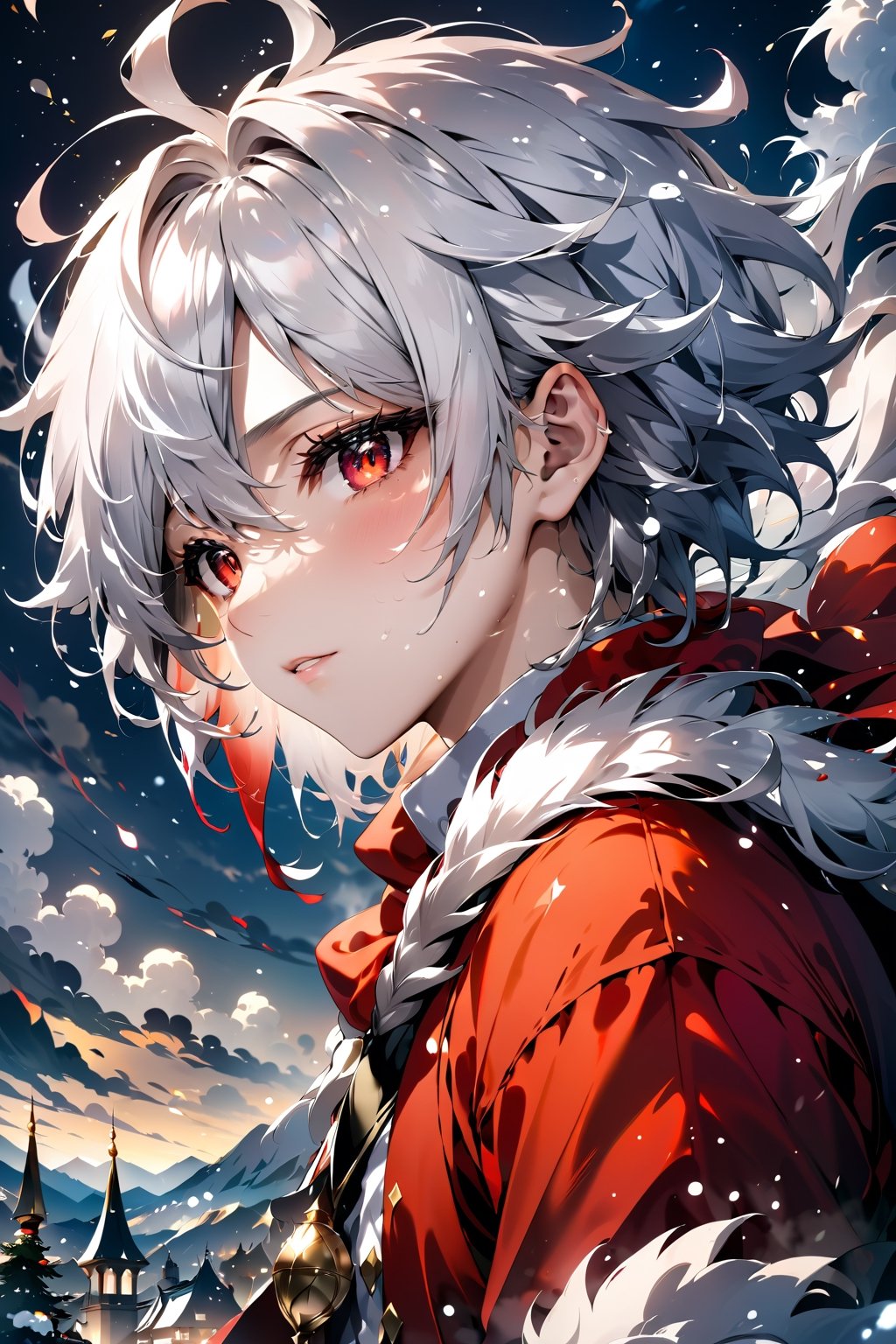 (((best quality,masterpiece))),Anime art style, ((teen male)), white hair, santa suit with white lining,red eyes,night_sky ,snowing heavily, nature view,more detail XL,EpicSky,cloud,