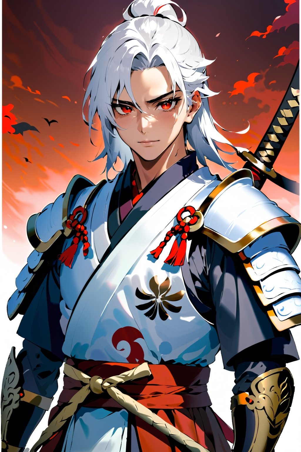 (masterpiece:1.2, best quality), (finely detailed), 1 male, red eyes, white hair, samurai, samurai armor, gentle smile