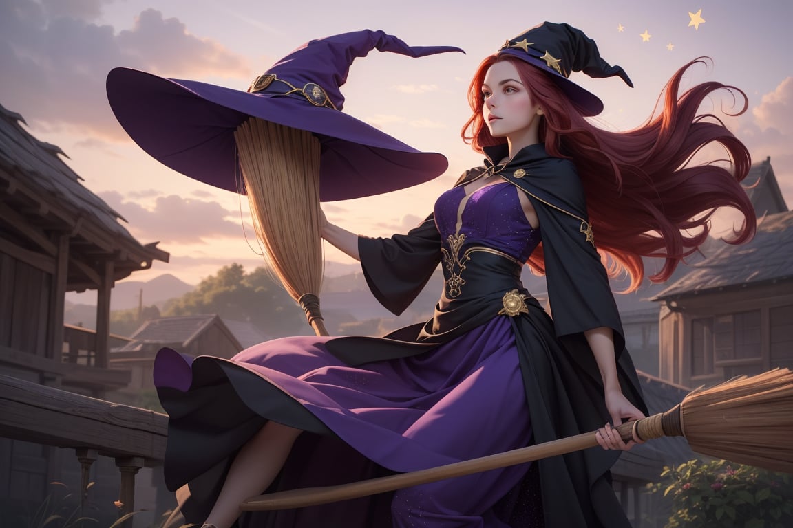  1 Young Witch with long red hair, flying on a broomstick, total body, photorrealistic, purple hat with golden stars, purple golden embroid long dress with golden stars, no_background, hD, high resolution