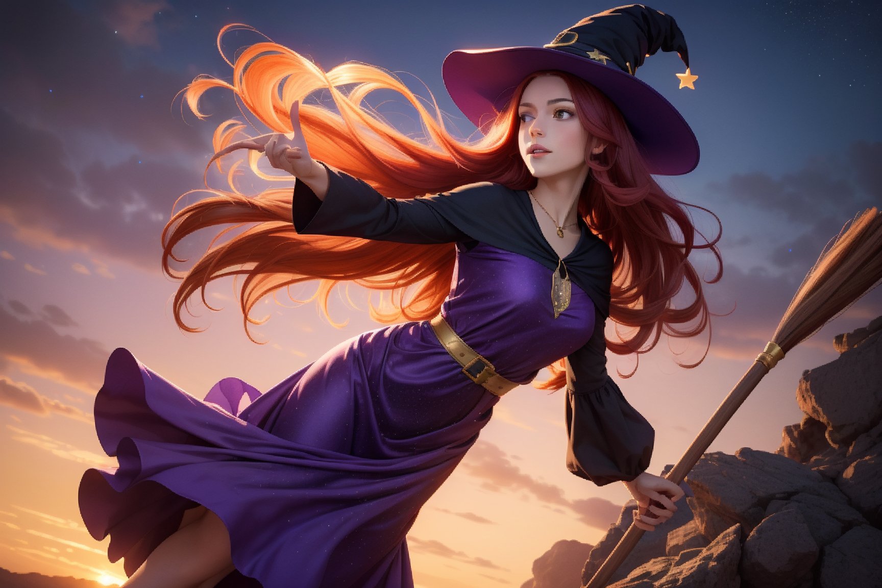  1 Young Witch with long red hair, flying on a broomstick, total body, photorrealistic, purple hat with golden stars, purple golden embroid long dress with golden stars, no_background, hD, high resolution