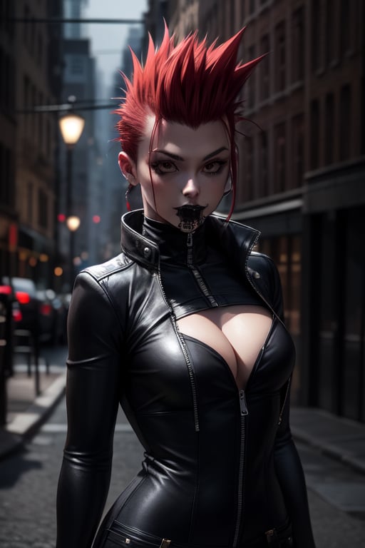 Goth girl, red mohawk, leather suit, photorealistic, dark city background, 