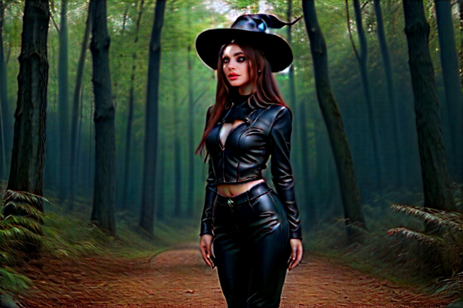 Witch, full_body, leather_clothes, green-eyes, dreamlike, high quality, forest background with ravens