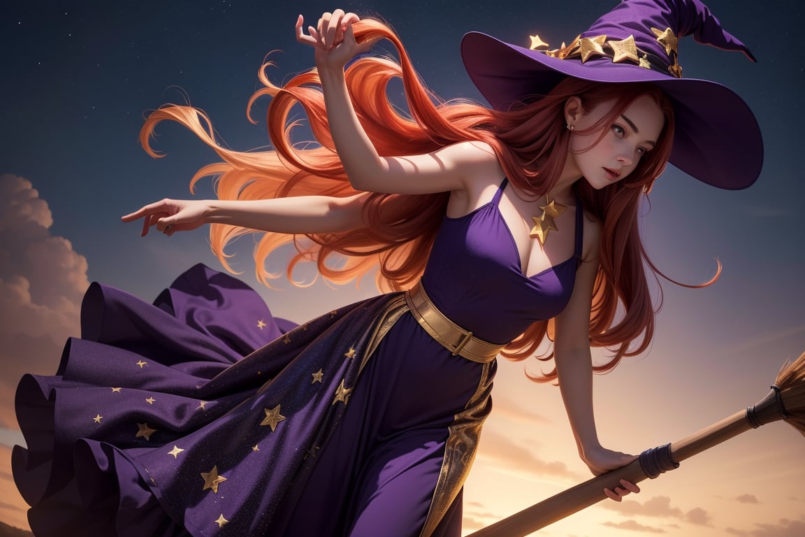  1 Young Witch with long red hair, flying on a broomstick, total body, photorrealistic, purple hat with golden stars, purple golden embroid long dress with golden stars, no_background, hD, high resolution