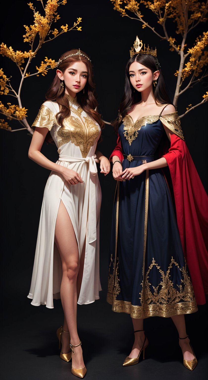 (hyper-detailed, high resolution, best shadows), black background, two she-elve lovers hand in hand, blue and red datin dresses with gold embroidment, crowns of golden branches, hand in hand, in mystical fores,red hair, lomg red and black hair,  l, hair-past-waist, big breasts, elven dress, armour and bootst, beautiful face, smooth body, perfect legs, blue eyes, almond eyes, ((full_body))