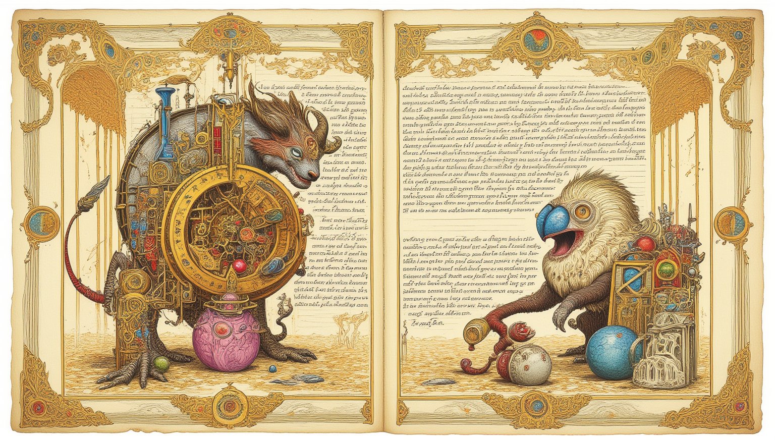 Prompt: Medieval-inspired illustrations of fantastical creatures, a hybrid of organic and steampunk parts, set within an aged, vintage parchment background. ((voynich manuscript)), ((codex seraphinianus)), with writing,)). The codex is adorned with intricate, hand-drawn borders featuring ornate foliage and mystical symbols. with subtle hints of alchemical or astrological influences.,style of Mattias Adolfsson,Surreal art