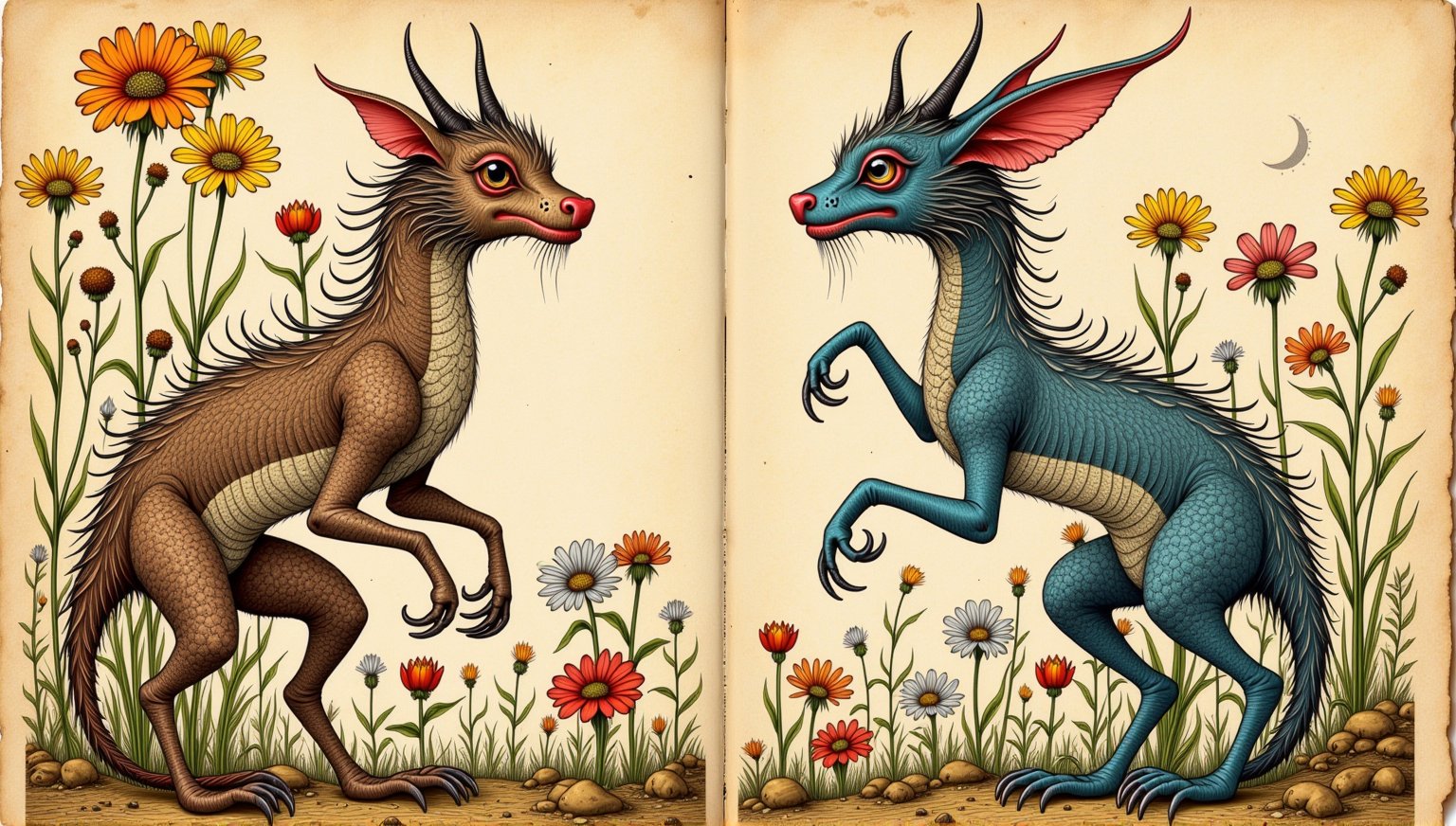 Prompt: Medieval-inspired illustrations of fantastical creatures, a hybrid of organic and plants parts, set within an aged, vintage parchment background. ((voynich manuscript)), ((codex seraphinianus)), with writing. style of Mattias Adolfsson,Surreal art