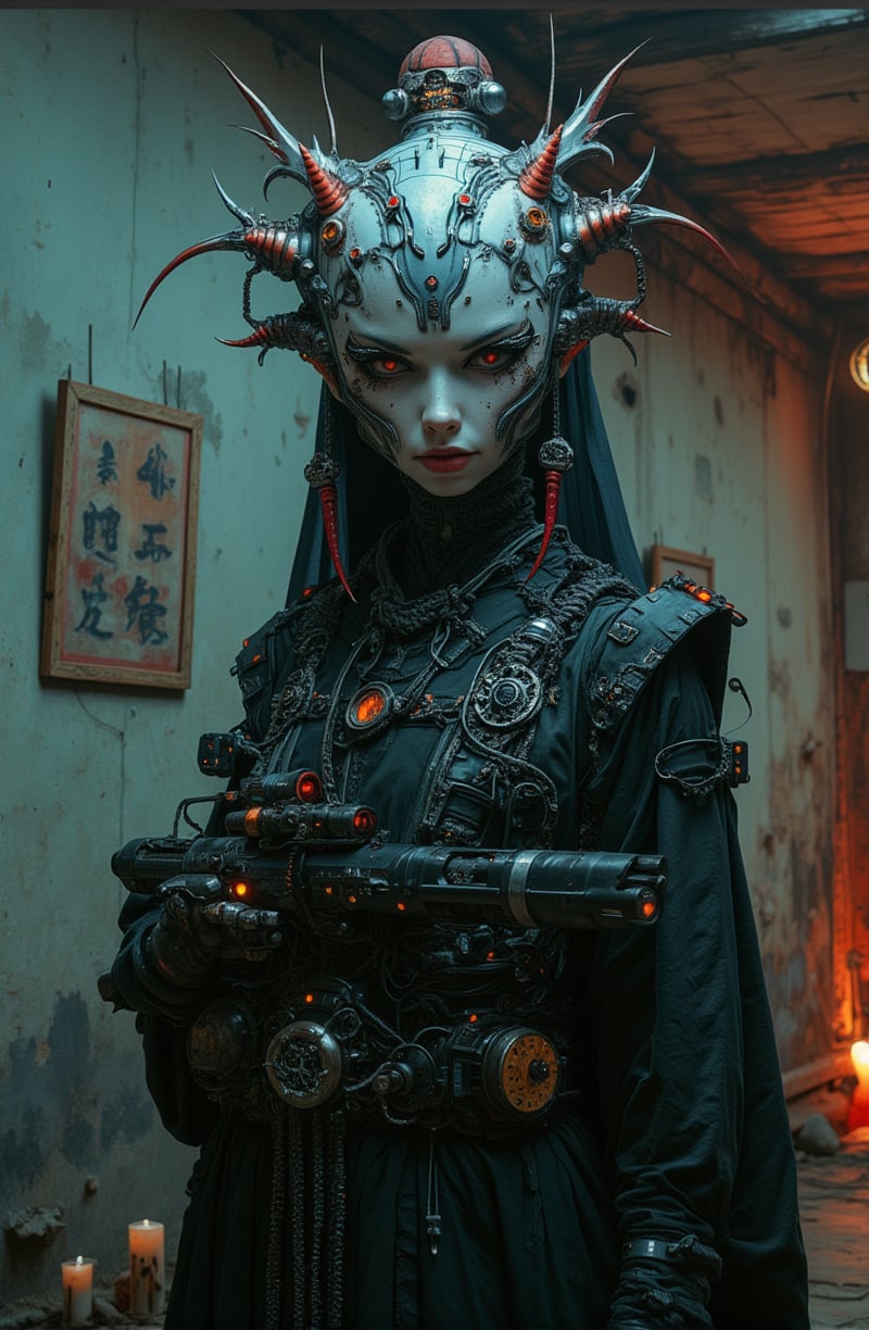  Full body shot, Cyberpunk, Gothic, Biomechanical geisha shaman woman, Holding a plasma gun, White porcelain skin texture, Japan native interior, Cyborg, Hologram reflections and holographic effect, Iron Venetian mask, abstract cubist, Perfect Composition, High Contrast, Atmospheric, Moody, Raw photo, realistic, cinematic lighting, soft shadows, sharp focus, fractal, colorful, depth of field, best quality, 16k resolution,
,ct-animepopstyle,anime,style of Mattias Adolfsson,ct-sensual