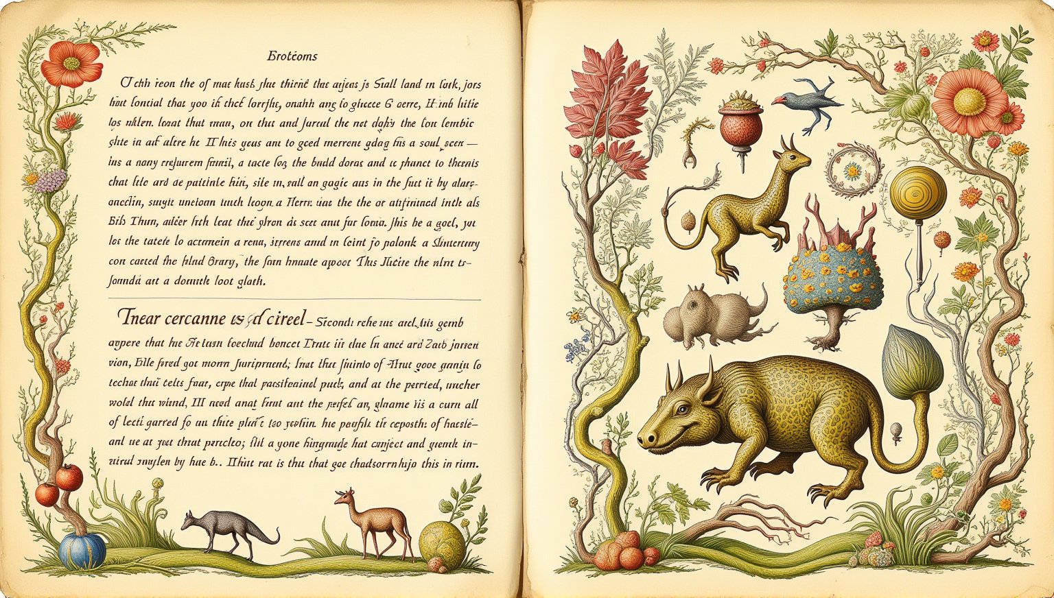 Prompt: Medieval-inspired illustrations of fantastical creatures, a hybrid of organic and plants parts, set within an aged, vintage parchment background. ((voynich manuscript)), ((codex seraphinianus)), with writing. style of Mattias Adolfsson,Surreal art