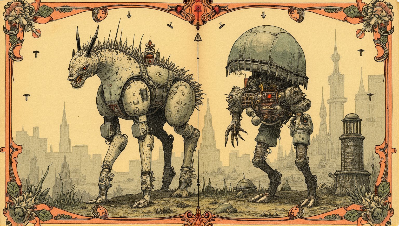 Medieval-inspired illustrations of fantastical creatures, a hybrid of organic and steampunk parts, set within an aged, vintage parchment background. The codex is adorned with intricate, hand-drawn borders featuring ornate foliage and mystical symbols. A bestiary of sorts, the artwork depicts cyborg beasts amidst atmospheric, misty landscapes, with subtle hints of alchemical or astrological influences.