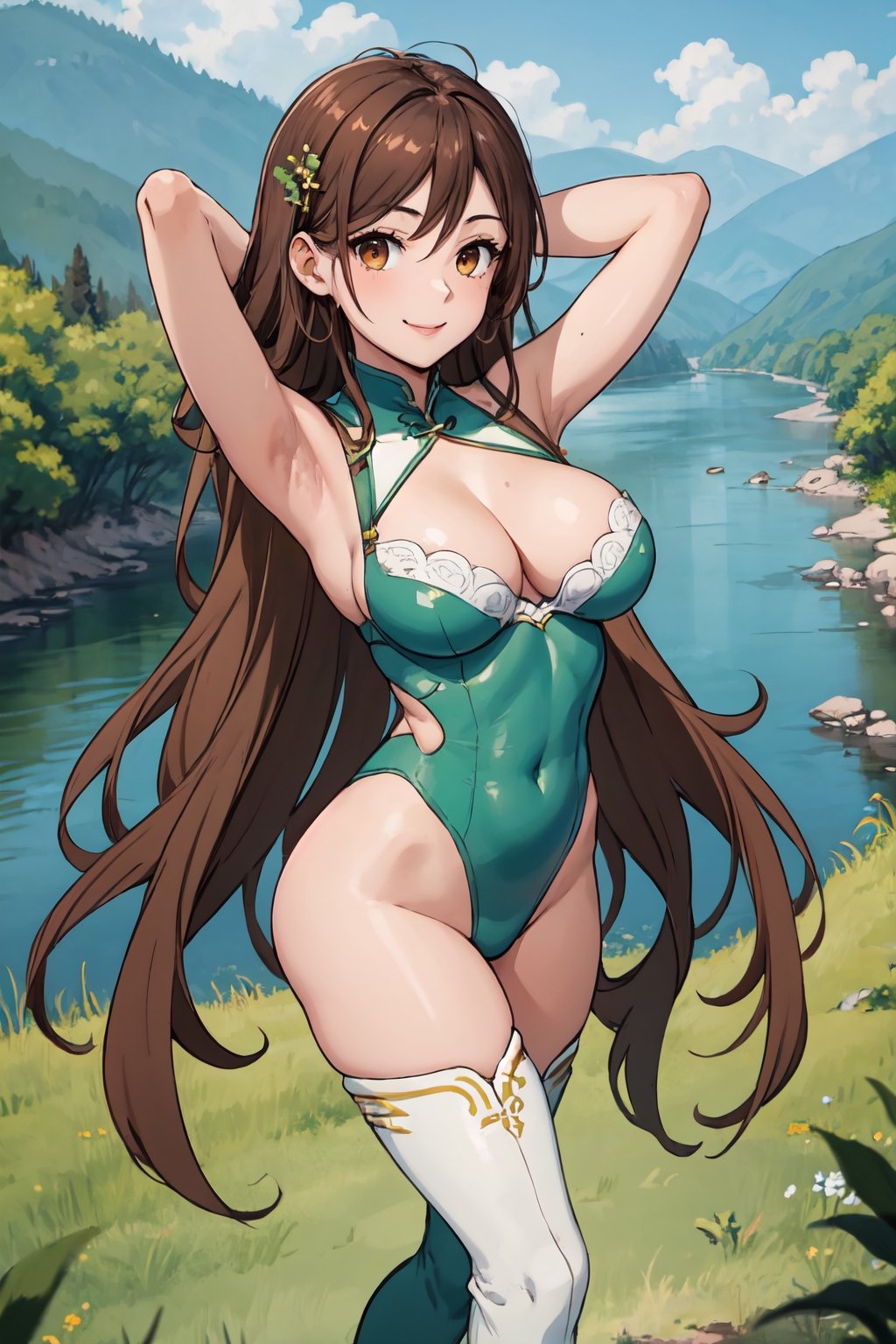 best quality, (masterpiece:1.2), illustration, absurdres,(1girl, solo), (beautiful detailed girl), from above,, Bao Sanniang, brown eyes, brown hair, streaked hair, green hair, hair ornament, medium breasts,green leotard, orange bra, cleavage, belt, green thigh boots, thighhigh boots, shoulder armor, knee pads,grassy mountains, trees, chinese architecture, river, plants,smile, looking at viewer, ((arms behind head)),Hori,breast carry