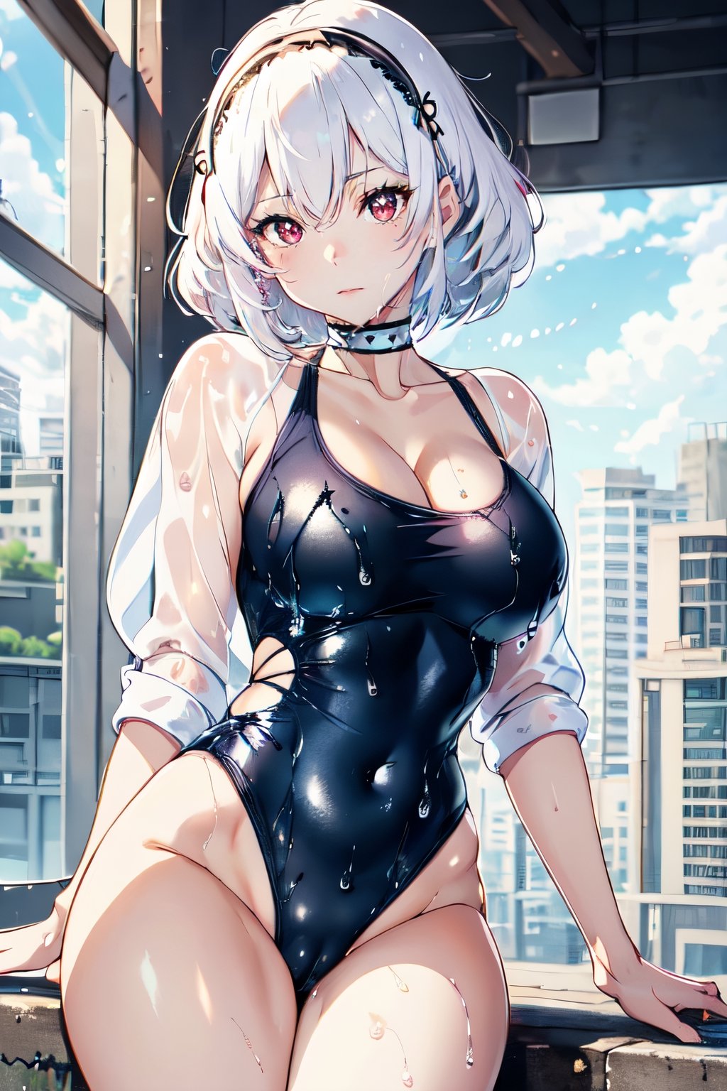 sirius al, short hair, collarbone, hairband, swimsuit, see-through, white hair, simple background, wet clothes, red eyes, closed mouth, white background, cleavage, blush, thighs, one-piece swimsuit, solo, white one-piece swimsuit, 1girl, large breasts, looking at viewer, school swimsuit, covered navel, wet,short hair,red eyes, (masterpiece), beautiful detailed eyes, sparkling diamond pupils,YAMATO