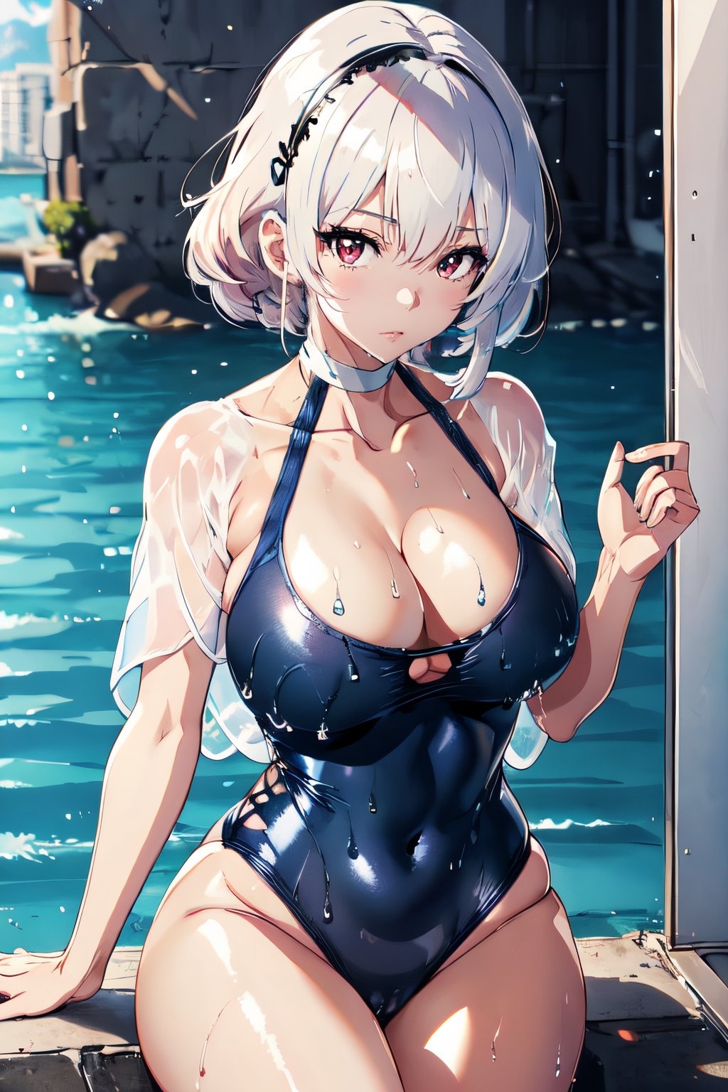 sirius al, short hair, collarbone, hairband, swimsuit, see-through, white hair, simple background, wet clothes, red eyes, closed mouth, white background, cleavage, blush, thighs, one-piece swimsuit, solo, white one-piece swimsuit, 1girl, large breasts, looking at viewer, school swimsuit, covered navel, wet,short hair,red eyes, (masterpiece), beautiful detailed eyes, sparkling diamond pupils,YAMATO,mika