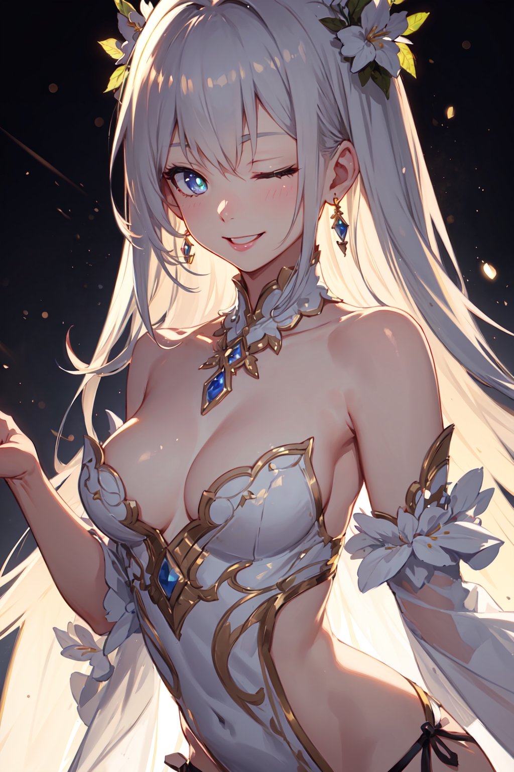 ((masterpiece)), Beautiful woman in anime style, stylish pose, one eye closed
tongue out, smile, happy,
8k, very clear, bare shoulders, looking at viewer, shoulder cutout, simple background, solo, highest quality, high resolution. 
best quality, illustration, showing panties, platinum earrings, platinum necklace, 1girl, cute, (dynamic lighting:1.2), cinematic lighting, delicate facial features, detailed eyes, sharp pupils, realistic pupils, depth of field, bokeh, sharp focus, (hyper-detailed, bloom, glow:1.4), many small gems, large_breasts