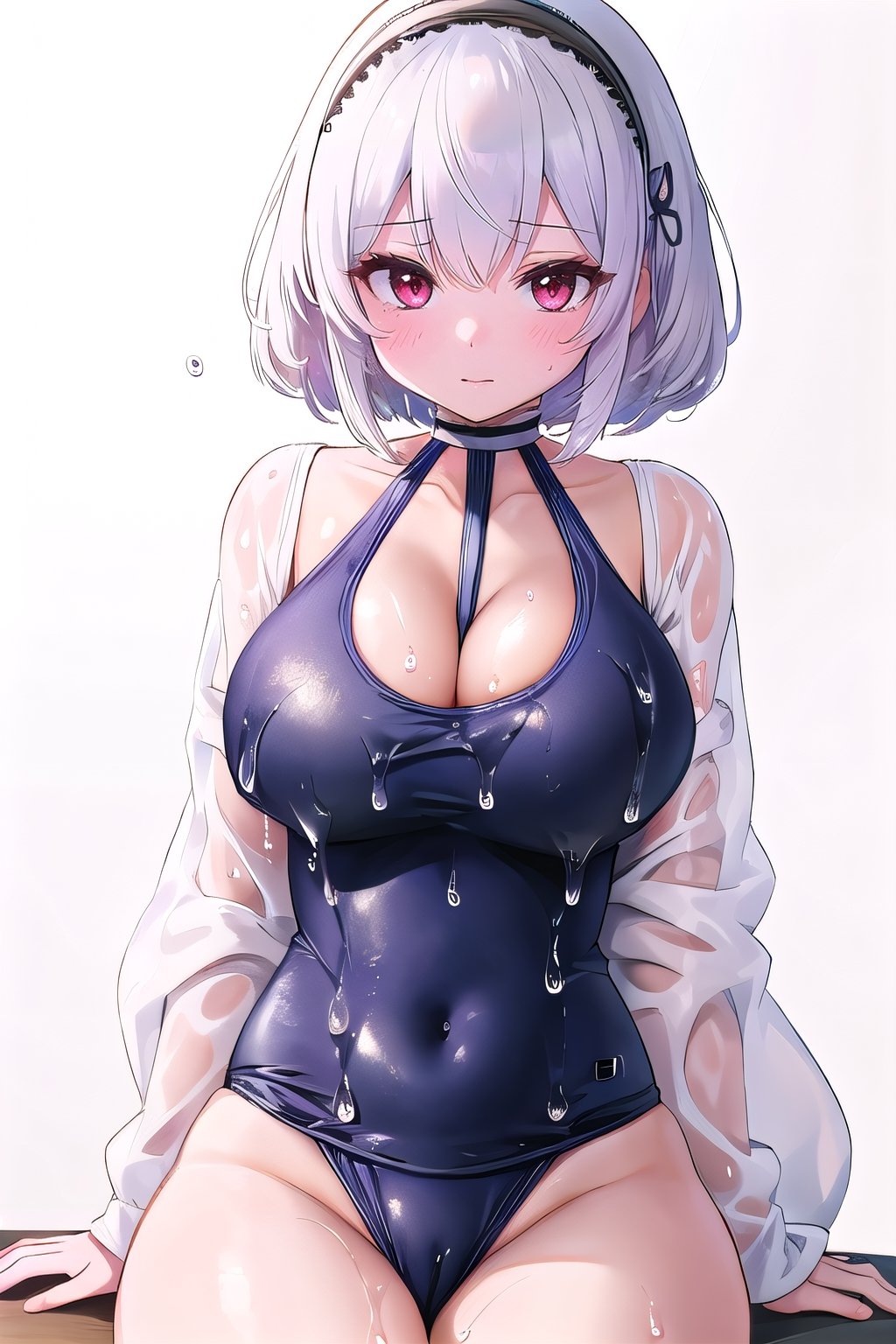 sirius al, short hair, collarbone, hairband, swimsuit, see-through, white hair, simple background, wet clothes, red eyes, closed mouth, white background, cleavage, blush, thighs, one-piece swimsuit, solo, white one-piece swimsuit, 1girl, large breasts, looking at viewer, school swimsuit, covered navel, wet,short hair,red eyes, (masterpiece), beautiful detailed eyes, sparkling diamond pupils