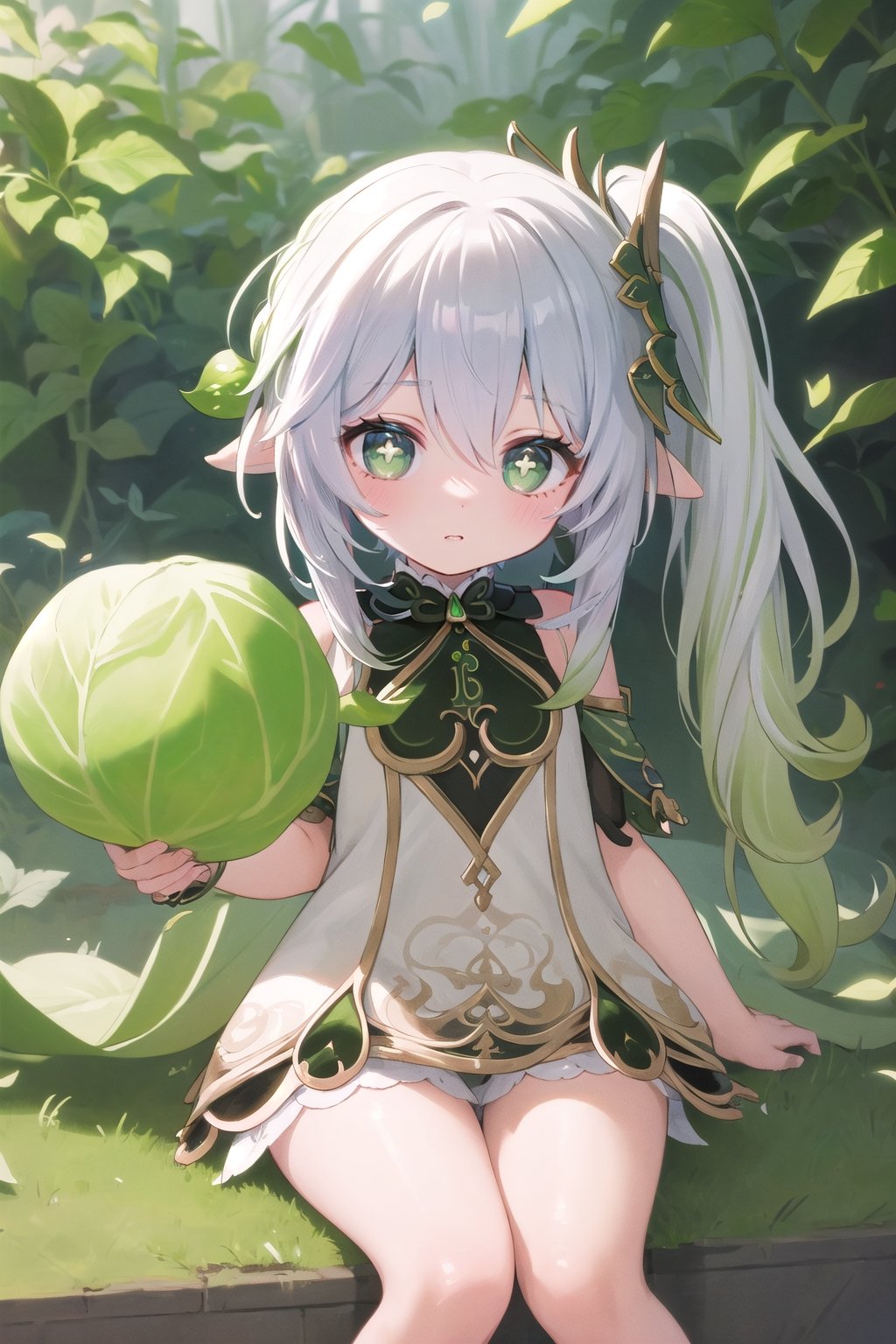 best quality, ultra detailed, illustration, 1girl, nahida (genshin impact), loli ,nahidadef, nahidarnd,holding cabbage,