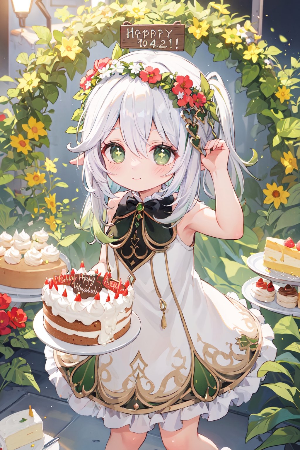 (best quality, masterpiece:1.3), 1girl,  loli, white hair,  green eyes,  smile,  (wreath on head:1.3), festival, birthday cake with candles, 
