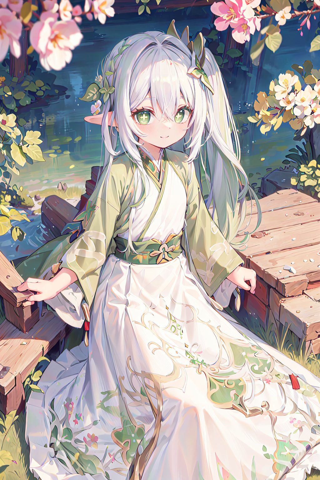 masterpiece, best quality,ultra detailed, detailed eyes,green eyes,bright pupils,loli, 1girl,nahida (genshin impact), smile, (hanfu),(chinese clothes),((floral print)),((green print chinese shirt)),((white print long skirt))