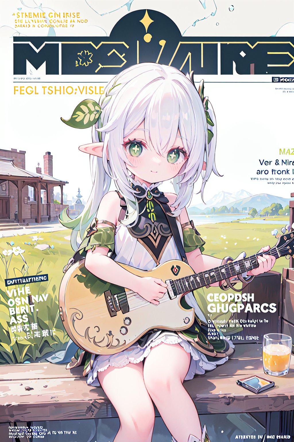 masterpiece, best quality,ultra detailed,1girl,nahida (genshin impact), elf_ears, green eyes, loli,smile, white hair, female child, playing guitar, Defaults17Style, (magazine cover, english text:1.3),