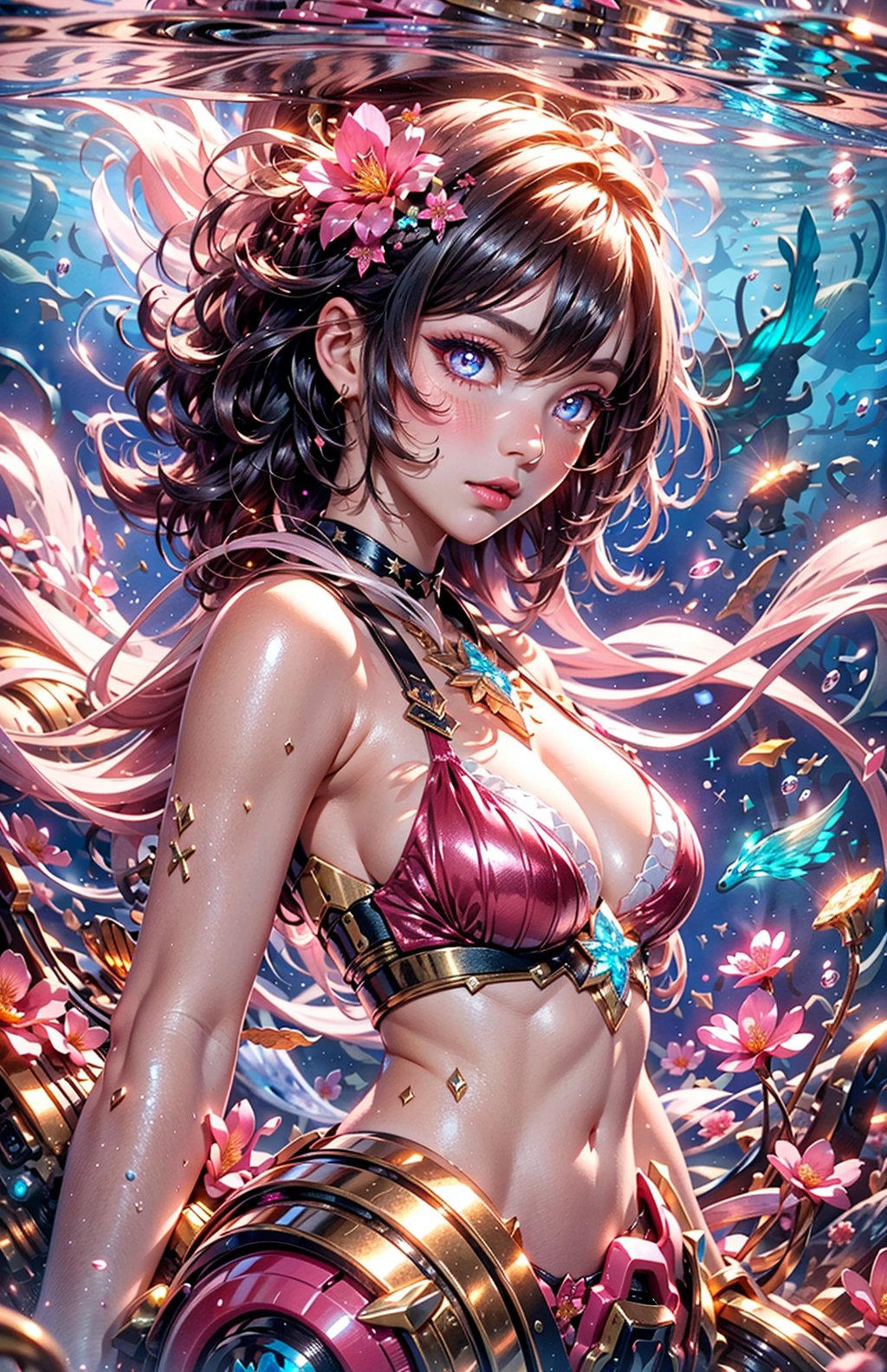 masterpiece, best quality, illustration, full body facing viewer, 1 girl, a beautiful pink mermaid swimming in a coral reef wearing ornate pink gold bra, she has a pink mermaid tail with glittering, elegant, diamond jewelry, very long brunette hair, high and detailed environment, luminous tropical fish swimming in the background (dynamic lighting:1.2), cinematic lighting, delicate facial features, detailed eyes, light pink eyes, big eyes, long brunette hair, realistic pupils, depth of field, sharp focus, (hyper-detailed, bloom, glow:1.4), full lips, bright pink eyes, mystical atmosphere, kind face, Fantasy,atdan style, phcrystal, underwater