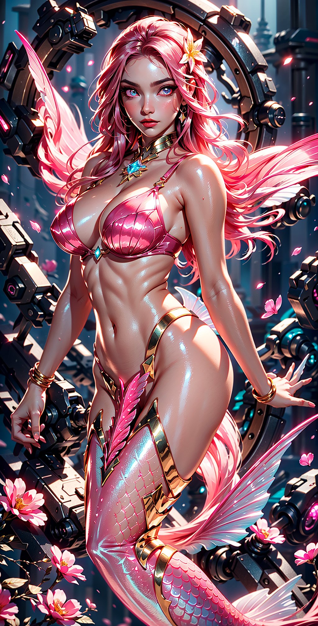 masterpiece, best quality, illustration, full body facing viewer, a beautiful mermaid in a lagoon ornate sexy white pink gold bra, pink glittering mermaid tail, elegant, diamond jewelery, very long brunette hair, high and detailed environment, luminous tropical fish,  (dynamic lighting:1.2), cinematic lighting, delicate facial features, detailed eyes, light pink eyes, big eyes, long brunette hair, realistic pupils, depth of field, sharp focus, (hyper-detailed, bloom, glow:1.4), full lips, bright pink eyes, mystical atmosphere, kind face, Fantasy,atdan style, phcrystal, long pink mermaid tail with pink scales and pink fins