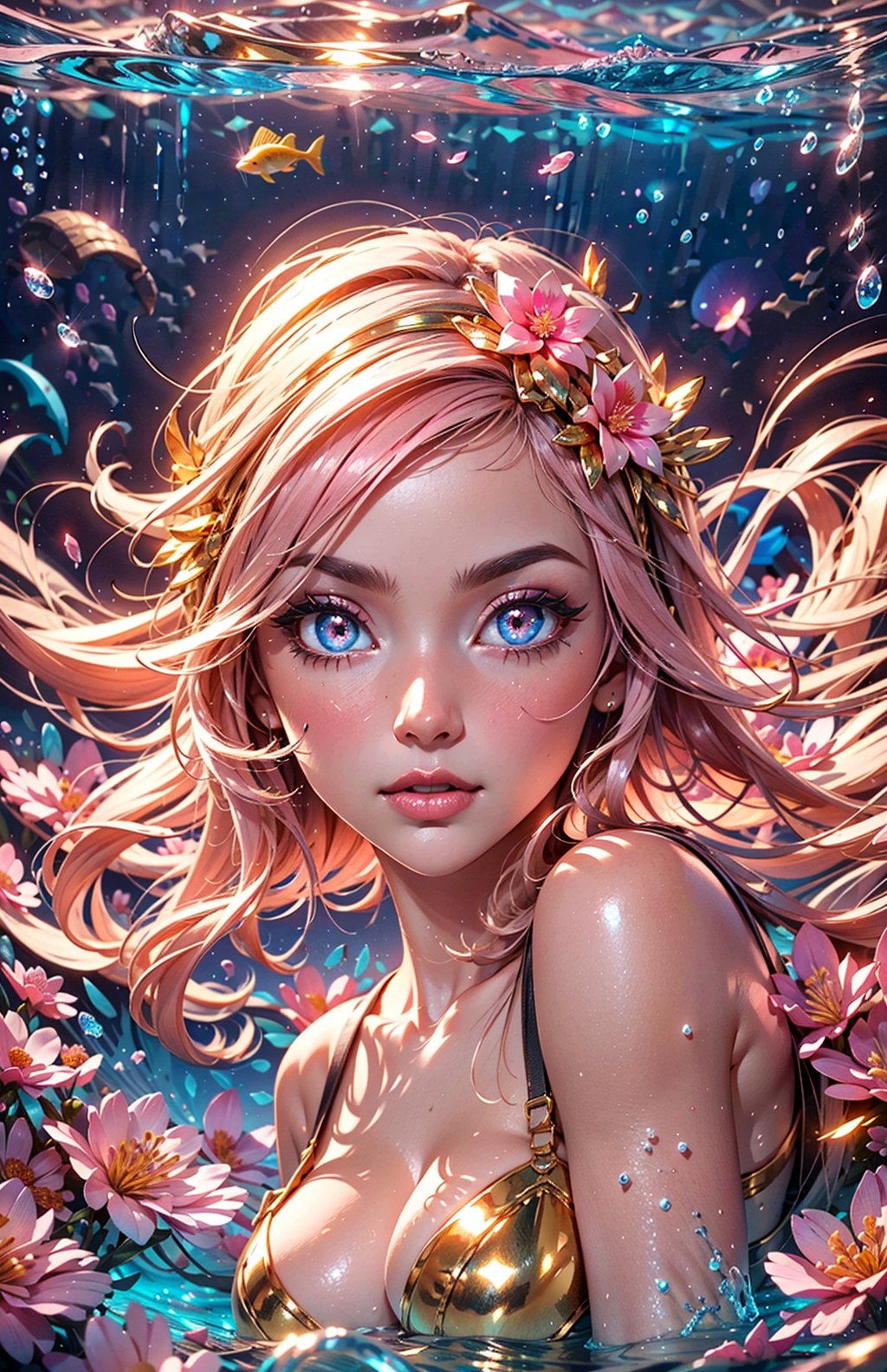 masterpiece, best quality, illustration, full body facing viewer, 1 girl, a beautiful pink mermaid swimming in a coral reef wearing ornate pink gold bra, she has a pink mermaid tail with glittering, elegant, diamond jewelry, very long brunette hair, high and detailed environment, luminous tropical fish swimming in the background (dynamic lighting:1.2), cinematic lighting, delicate facial features, detailed eyes, light pink eyes, big eyes, long brunette hair, realistic pupils, depth of field, sharp focus, (hyper-detailed, bloom, glow:1.4), full lips, bright pink eyes, mystical atmosphere, kind face, Fantasy,atdan style, phcrystal, underwater