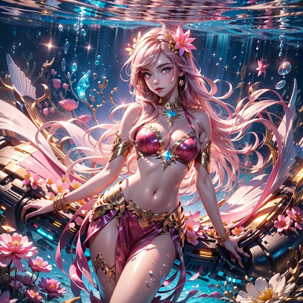 masterpiece, best quality, illustration, full body facing viewer, a beautiful pink mermaid swimming in a lagoon, wearing ornate pink gold bra, sexy, long pink glittering mermaid tail, elegant, diamond jewelry, very long brunette hair, high and detailed environment, luminous tropical fish,  (dynamic lighting:1.2), cinematic lighting, delicate facial features, detailed eyes, light pink eyes, big eyes, long brunette hair, realistic pupils, depth of field, sharp focus, (hyper-detailed, bloom, glow:1.4), full lips, bright pink eyes, mystical atmosphere, kind face, Fantasy,atdan style, phcrystal,belly_dancer, underwater