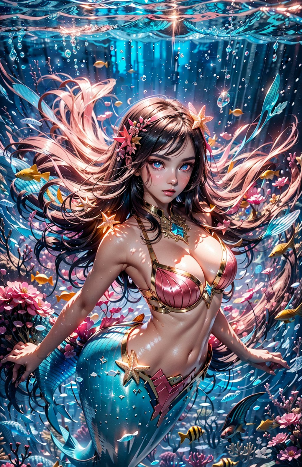 masterpiece, best quality, illustration, full body facing viewer, 1 girl, a beautiful pink mermaid swimming in a coral reef wearing ornate pink gold bra, she has a pink mermaid tail with glittering mermaid fins, elegant, starfish jewelry in her brunette hair, very long brunette hair, high and detailed environment, luminous tropical fish swimming in the background (dynamic lighting:1.2), cinematic lighting, delicate facial features, detailed eyes, light pink eyes, big eyes, long brunette hair, realistic pupils, depth of field, sharp focus, (hyper-detailed, bloom, glow:1.4), full lips, bright pink eyes, mystical atmosphere, kind face, Fantasy,atdan style, phcrystal, underwater