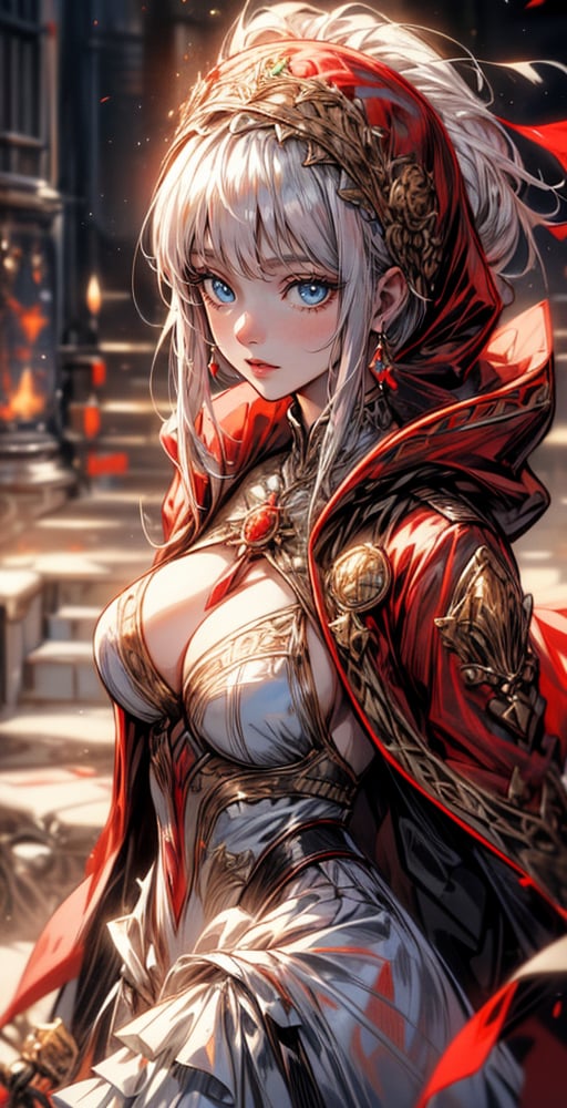 ((best quality)), ((masterpiece)), ((best illustration)), ((anime artwork)), Red-cloaked market girl with endearing white hair and captivating green eyes, her fair skin a delicate canvas. She wears captivating medieval styled elaborate dress, ornate red cloak, red cloak with hood enhanced by intricate details, and dons elegant earrings that reflect her style. In the heart of a bustling medieval town, she adds a touch of allure and mystique to the scene, on eye level, scenic, masterpiece, 1 girl, makima