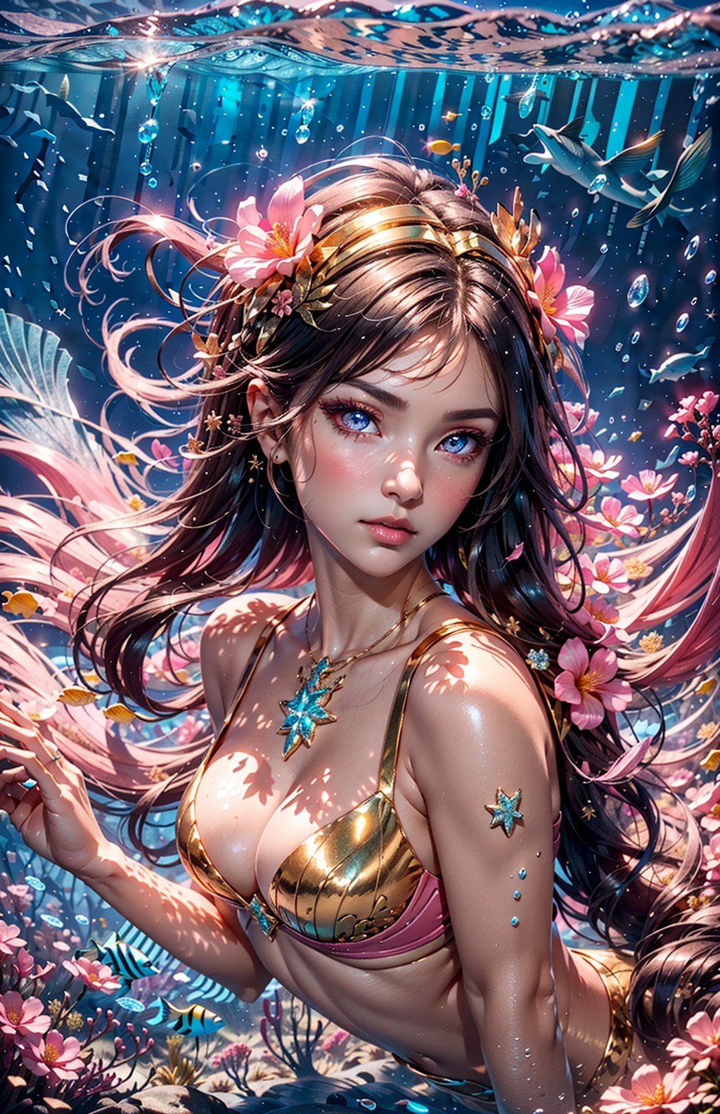 masterpiece, best quality, illustration, full body facing viewer, 1 girl, a beautiful pink mermaid swimming in a coral reef wearing ornate pink gold bra, she has a pink mermaid tail with glittering mermaid fins, elegant, starfish jewelry in her brunette hair, very long brunette hair, high and detailed environment, luminous tropical fish swimming in the background (dynamic lighting:1.2), cinematic lighting, delicate facial features, detailed eyes, light pink eyes, big eyes, long brunette hair, realistic pupils, depth of field, sharp focus, (hyper-detailed, bloom, glow:1.4), full lips, bright pink eyes, mystical atmosphere, kind face, Fantasy,atdan style, phcrystal, underwater