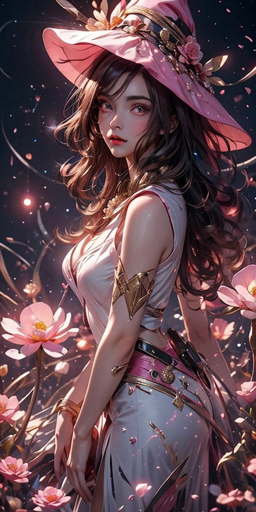 masterpiece, best quality, illustration, full body facing viewer, a beautiful witch casting a spell with planets around her, ornate white pink and gold wizard clothes, wearing large white and pink wizard hat with pink jewels, elegant, detailed celestial environment, luminous mushrooms,  (dynamic lighting:1.2), cinematic lighting, delicate elegant facial features, detailed eyes, pink eyes, long brunette hair, realistic pupils, depth of field, sharp focus, (hyper-detailed, bloom, glow:1.4), brown hair, full lips, bright pink eyes, mystical atmosphere, kind face, sexy, Science Fiction