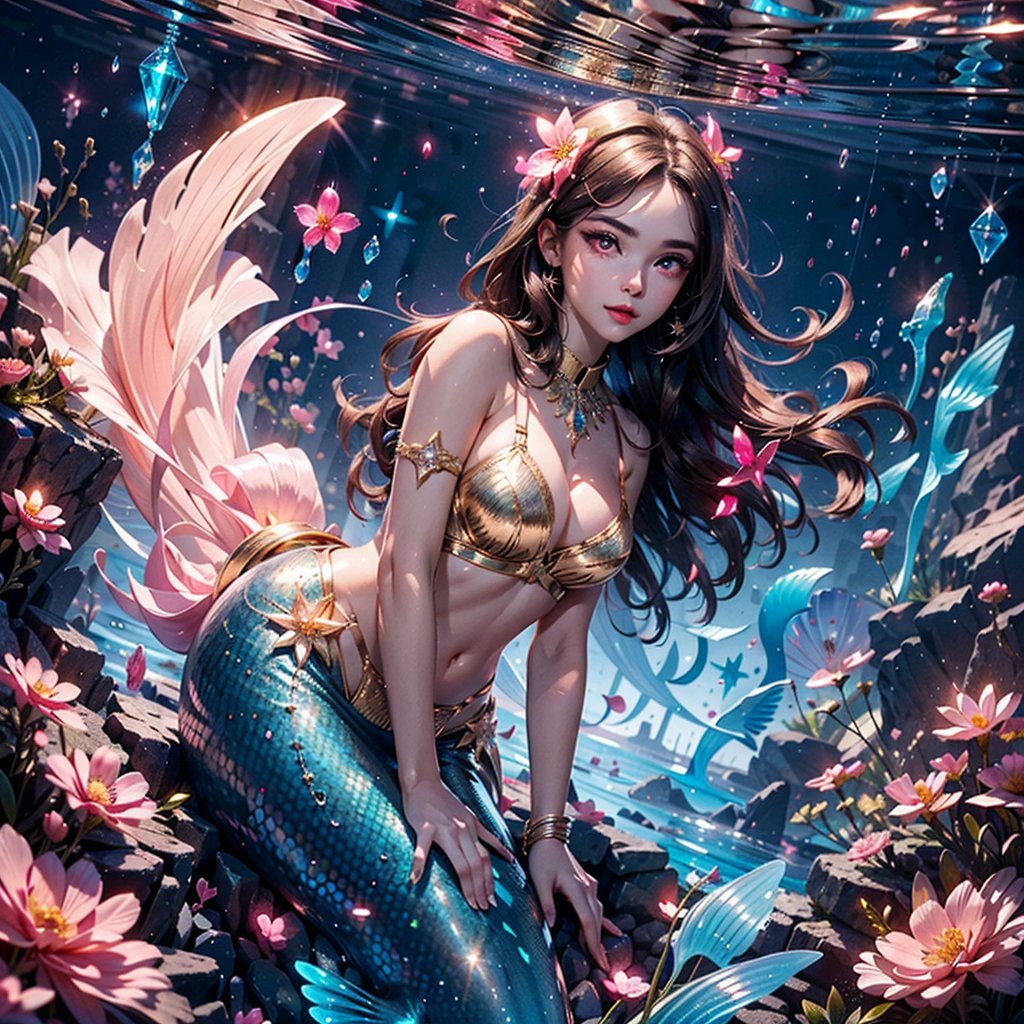 masterpiece, best quality, illustration, full body facing viewer, a beautiful mermaid in a lagoon ornate sexy white pink gold bra, pink glittering mermaid tail, elegant, diamond jewelery, very long brunette hair, high and detailed environment, luminous tropical fish,  (dynamic lighting:1.2), cinematic lighting, delicate facial features, detailed eyes, light pink eyes, big eyes, long brunette hair, realistic pupils, depth of field, sharp focus, (hyper-detailed, bloom, glow:1.4), full lips, bright pink eyes, mystical atmosphere, kind face, Fantasy,atdan style, phcrystal,belly_dancer