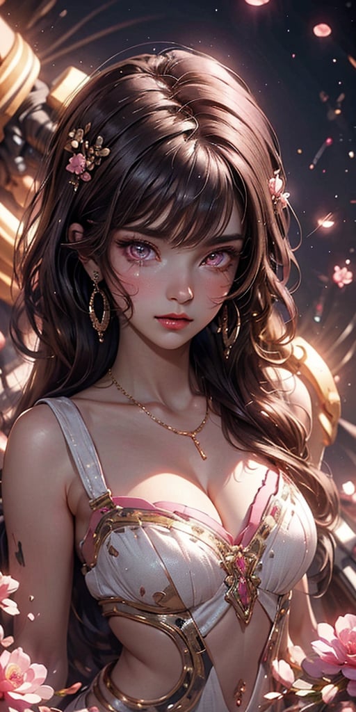 masterpiece, photographic image, realistic image, best quality, illustration, full body realistic image, 1 girl, a beautiful genie in chains, wearing an ornate sexy white pink gold dress with pink jewels, elegant cascading hair, long brunette hair, celestial earrings, platinum necklace, belly_dancer, 1girl, cute, crying face, (dynamic lighting:1.2), cinematic lighting, delicate facial features, detailed eyes, pastel pink eyes, long brunette hair, sharp pupils, realistic pupils, depth of field, bokeh, sharp focus, (hyper-detailed, bloom, glow:1.4), brown hair, full lips, bright pink eyes, kind face,Indian, mecha