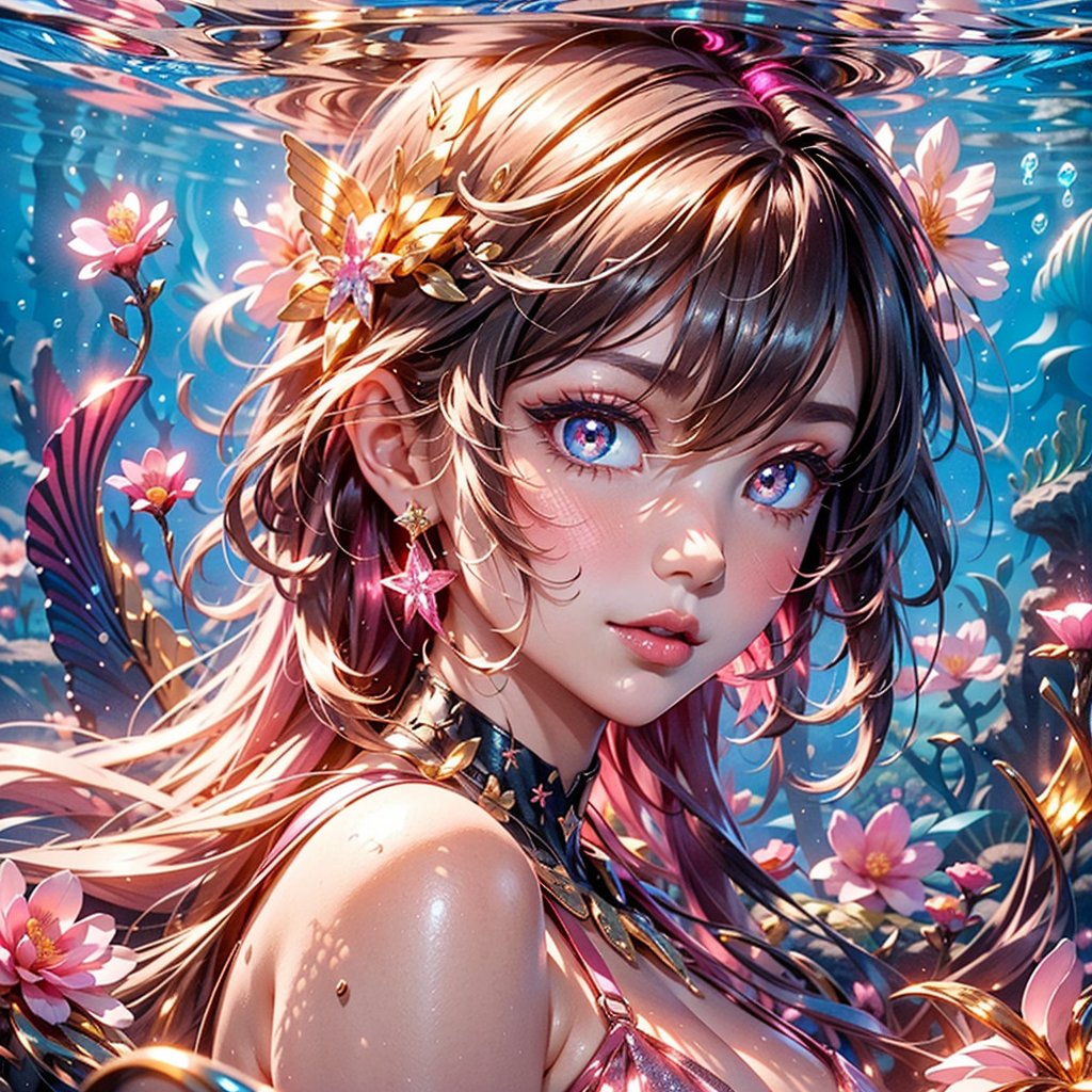 masterpiece, best quality, illustration, full body facing viewer, a beautiful pink mermaid swimming in a lagoon, wearing ornate pink gold bra, sexy, long pink glittering mermaid tail, elegant, diamond jewelry, very long brunette hair, high and detailed environment, luminous tropical fish,  (dynamic lighting:1.2), cinematic lighting, delicate facial features, detailed eyes, light pink eyes, big eyes, long brunette hair, realistic pupils, depth of field, sharp focus, (hyper-detailed, bloom, glow:1.4), full lips, bright pink eyes, mystical atmosphere, kind face, Fantasy,atdan style, phcrystal, underwater