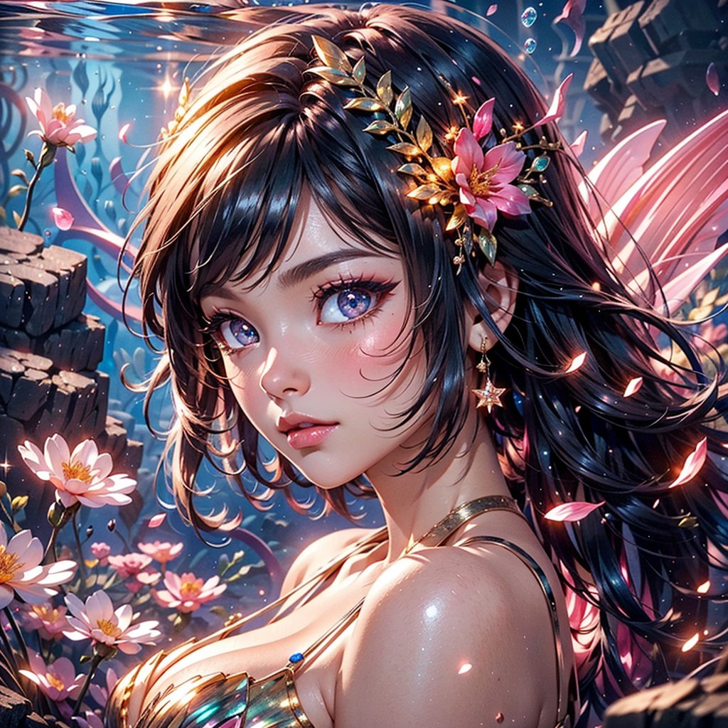 masterpiece, best quality, illustration, full body facing viewer, a beautiful mermaid in a lagoon ornate sexy white pink gold bra, pink glittering mermaid tail, elegant, diamond jewelery, very long brunette hair, high and detailed environment, luminous tropical fish,  (dynamic lighting:1.2), cinematic lighting, delicate facial features, detailed eyes, light pink eyes, big eyes, long brunette hair, realistic pupils, depth of field, sharp focus, (hyper-detailed, bloom, glow:1.4), full lips, bright pink eyes, mystical atmosphere, kind face, Fantasy,atdan style, phcrystal, underwater