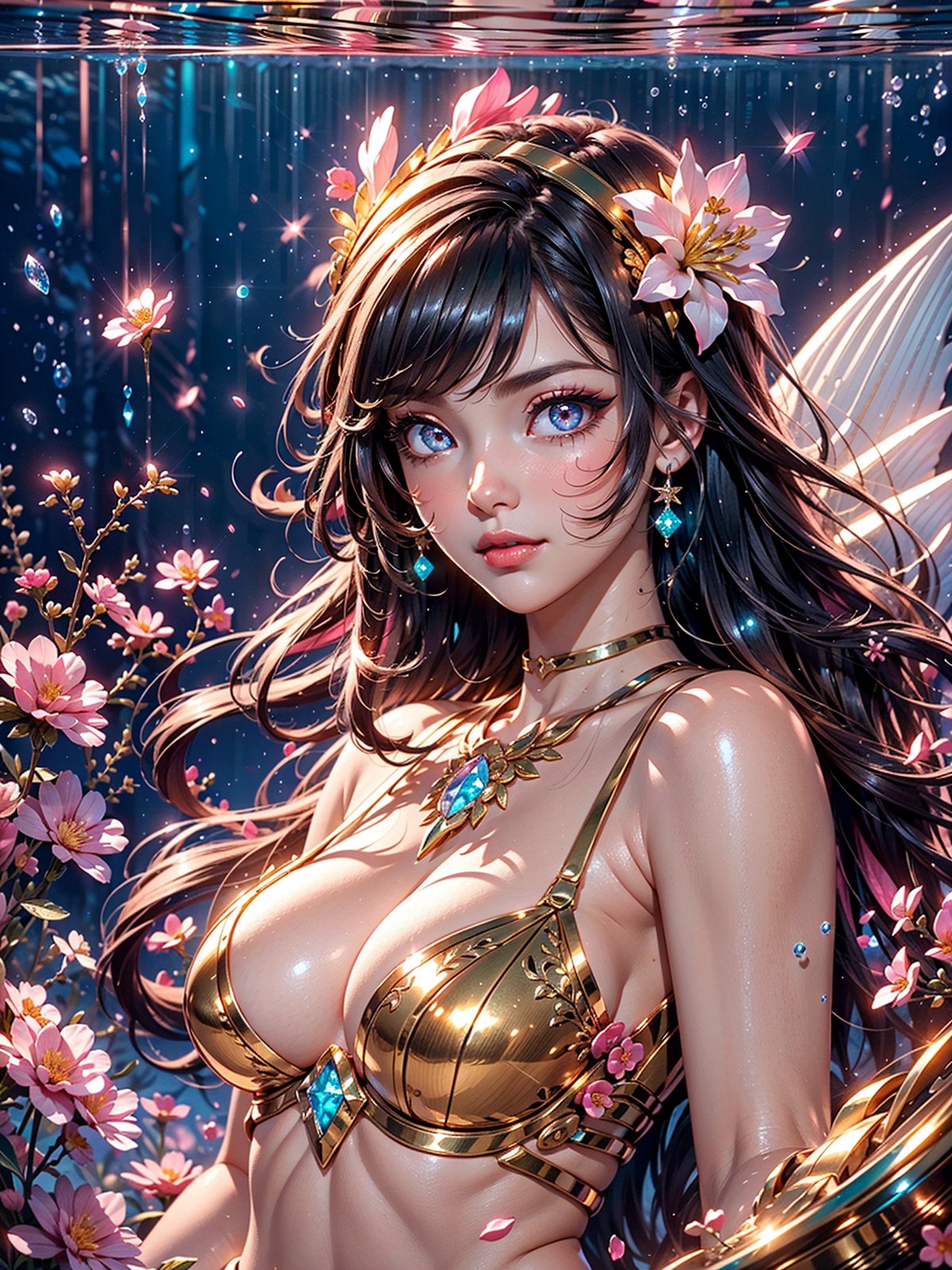 masterpiece, best quality, illustration, full body facing viewer, a beautiful mermaid in a lagoon ornate sexy white pink gold bra, pink glittering mermaid tail, elegant, diamond jewelery, very long brunette hair, high and detailed environment, luminous tropical fish,  (dynamic lighting:1.2), cinematic lighting, delicate facial features, detailed eyes, light pink eyes, big eyes, long brunette hair, realistic pupils, depth of field, sharp focus, (hyper-detailed, bloom, glow:1.4), full lips, bright pink eyes, mystical atmosphere, kind face, Fantasy,atdan style, phcrystal, underwater