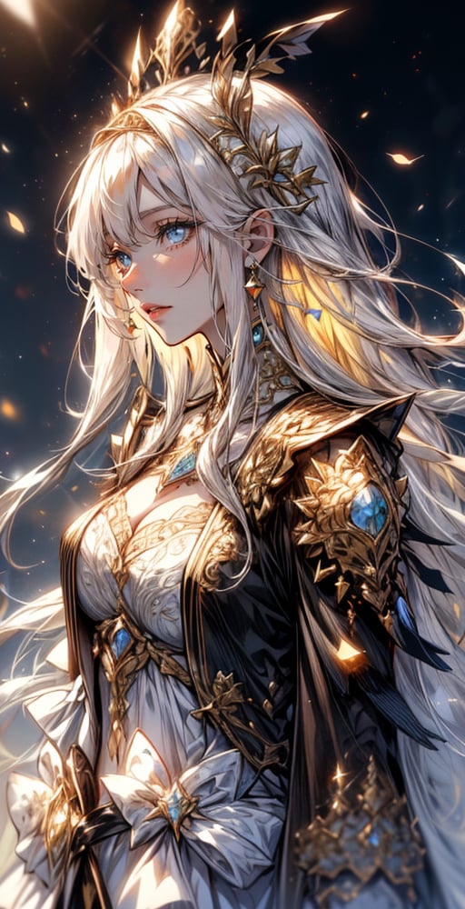 1 girl, queen of light, beautiful face, kind face, very long white hair, glowing hair, bright yellow eyes, bright golden crown, wearing a detailed bright golden white-yellow dress, ornate dress with black filigree design, summer, fairytale location, sun background, beams light effect, weapon, holding a magic light sword, magic sword side view, side view, close-up, upper body, destiny /(takt op./), fate, fantasy