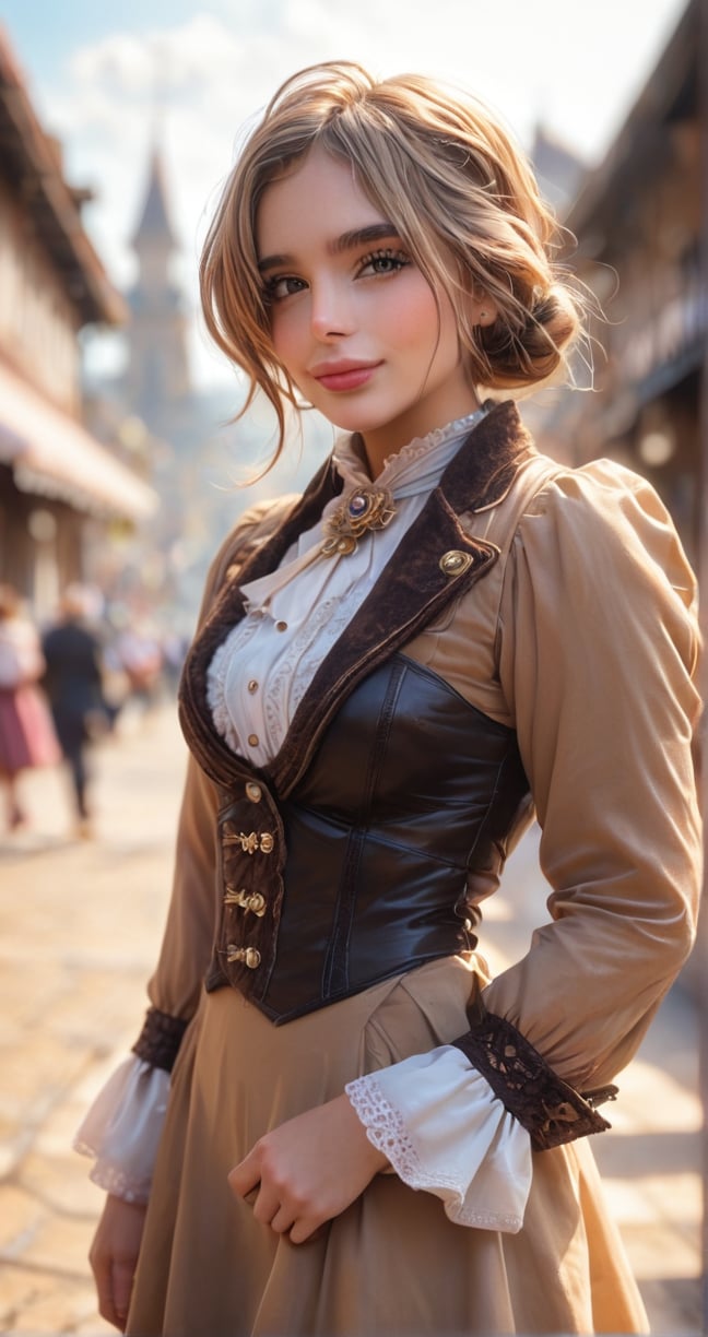 cinematic film still beautiful portrait of a beautiful girl, brunette, blonde tps, steampunk outfit, brown steampunk jacket, white victorian blouse, brown steampunk victorian pants, steampunk goggles, busy victorian street, cowboy shot, looking at viewer, shallow depth of field, vignette, highly detailed, high budget, bokeh, cinemascope, moody, epic, gorgeous, film grain, grainy,score_9, score_8_up, score_7_up