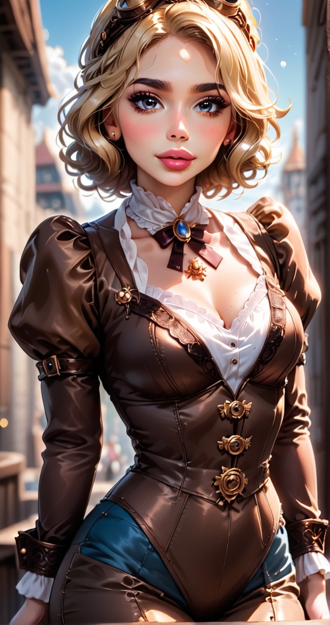 cinematic film still beautiful portrait of a beautiful girl, brunette, blonde tps, steampunk outfit, brown steampunk jacket, white victorian blouse, brown steampunk victorian pants, steampunk goggles, busy victorian street, cowboy shot, looking at viewer, shallow depth of field, vignette, highly detailed, high budget, bokeh, cinemascope, moody, epic, gorgeous, film grain, grainy,score_9, score_8_up, score_7_up