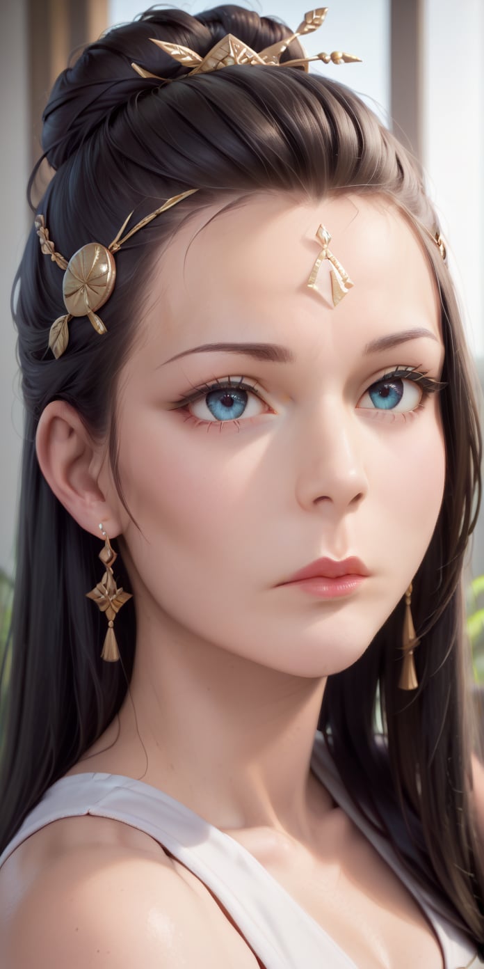 Score_9, Score_8_up, Score_7_up, Best Quality, Masterpiece, 4k, Uncensored, Beautiful, 
1girl, hair ornament, solo, black hair, closed mouth, portrait, expressionless, facial mark, forehead mark, hair bun, shiny, long hair,Best quality, masterpiece