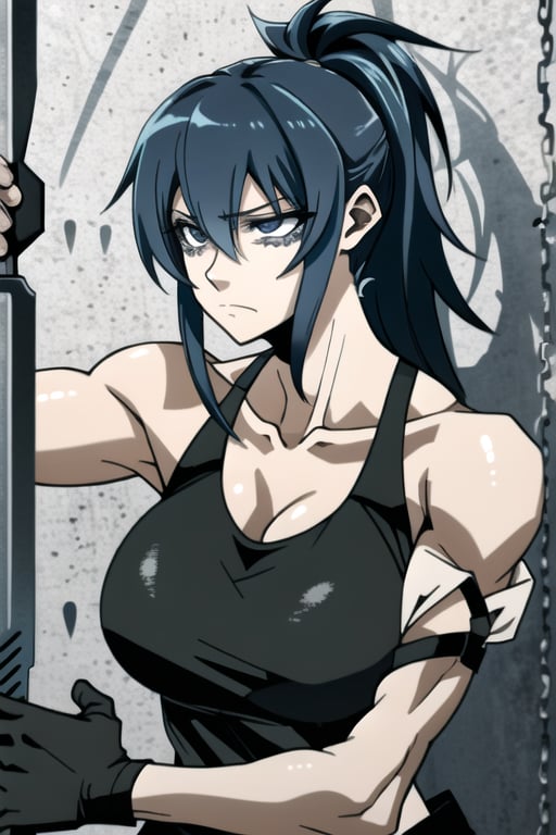 makima \(chainsaw man\), muscular_female, solo, buff_woman, biceps, at_the_gym, behind_the_jail_bars, very long ponytail hair, black hair, shiny hair, emotionless eyes, thick linked eyelashes, black eyes, tank top shirt, shaped clothes, black pantalon, sad expressions, sobbing, closed_mouth ,Defaults17Style,ESDEATH