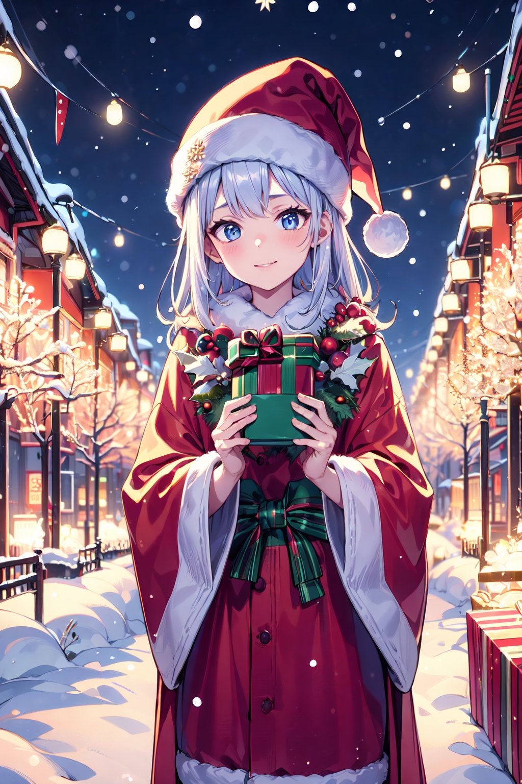 best quality, masterpiece, 
Japanese New Year, 1girl, (Shine, growing:1.2), winter,Christmas, santa_hat, santa costume, 
,DonMN30nChr1stGh0sts