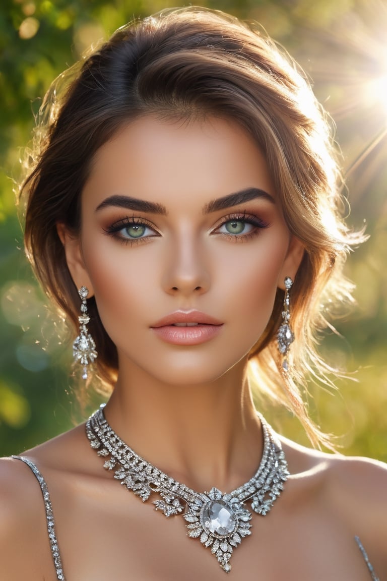 Create a yourself as female beauty, high detailed, nature background, photo realistic, high quality,ssmiling, wide range of colours.,photo r3al,detailmaster2,((full bady shot)),jewellery,,high heels,gray eyes,great eye details,sun rays,