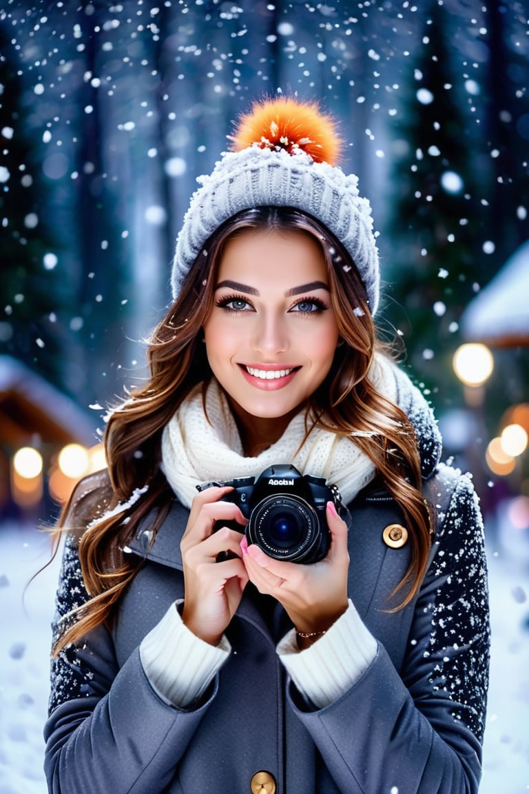 Create a yourself as female beauty,  high detailed,  forest background,  photo realistic,  high quality, a small smile,  wide raange of colours., photo r3al, detailmaster2, ,gray eyes,night time,camera view from the ground,snow falling, winter clothes, jewelry, snow background,
