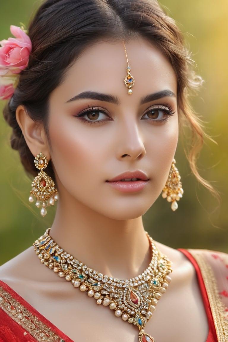 Create a yourself as female beauty, high detailed, nature background, photo realistic, high quality,ssmiling, wide range of colours.,photo r3al,detailmaster2,((full bady shot)),jewellery,