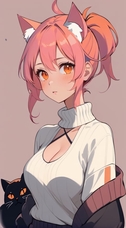 1girl, beautiful cute woman, pink hair, messy ponytail, cat ears, orange eyes, medium breasts, upper body, cleavage, big blush, embarrassed, white sweater, , low contrast, chromatic aberration, high contrast, flat color, limited palette, ligne claire
