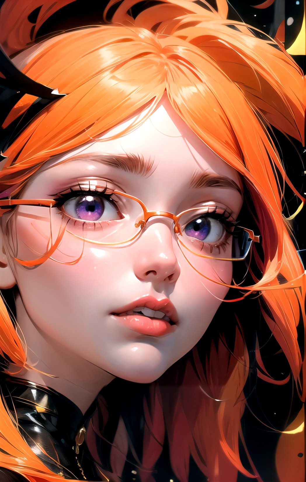 Persona 5, Futaba , long orange hair, purple eyes, orange hair, cute face, orange hair, glasses ,monochrome,sketch,High detailed,Side angle.