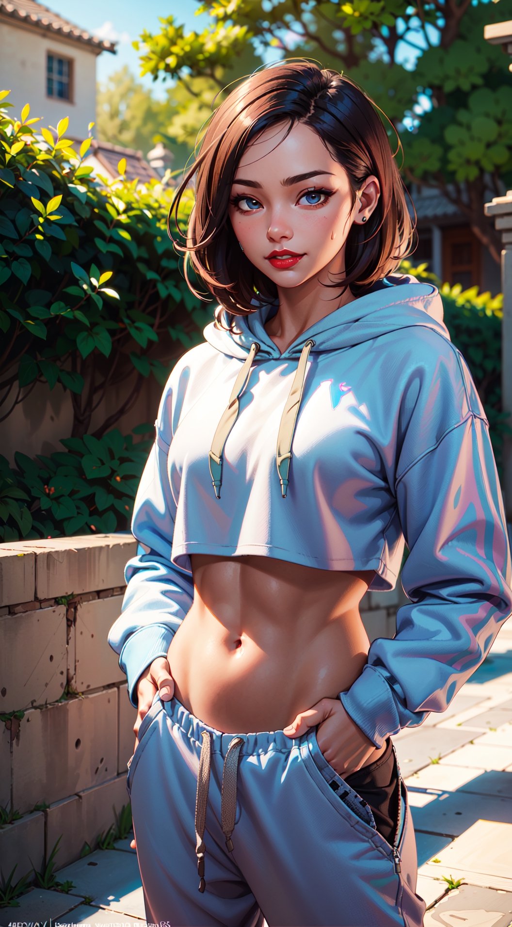 1 girl, beautiful Korean girl, (Cute Loose Bob hair), (wearing a cropped hoodie, capri sweatpants:1.5), (hands in pockets:1.5), (red lips:1.3), (small breasts:1.3), (toned stomach:1.3), (eyelashes:1.2), (aegyo sal:1.2), beautiful detailed eyes, symmetrical eyes, (detailed face), immersive background, volumetric haze, global illumination, soft lighting, (flowing hair), (bright smile), natural lighting, (realistic:1.5), (lifelike:1.4), (4k, digital art, masterpiece), High detail digital painting, realistic, (top quality), (soft shadows), (best character art), ultra high resolution, highly detailed digital artwork, physically-based rendering, realism with an artistic touch, vibrant colors, f2.2 lens, soft palette, natural beauty